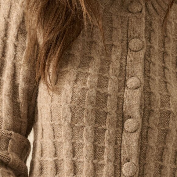 Naomi Cable Knit Button-Up Cardigan Sweater | Women's Taupe Neutral Winter Top - Picture 8 of 9